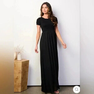 Every‎ 1 Black Maxi Dress Size Med & Large Short Sleeve Empire Waist Casual NWOT